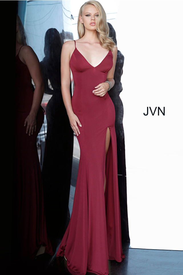 JVN02071 Burgundy High Slit V Neck Prom Dress 